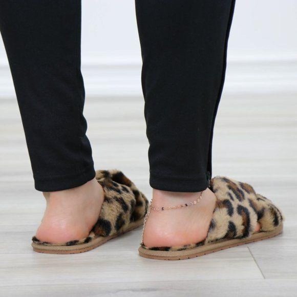 Leopard  Fuzzy Furry Criss Cross Sandal Sliders - Picture 10 of 14